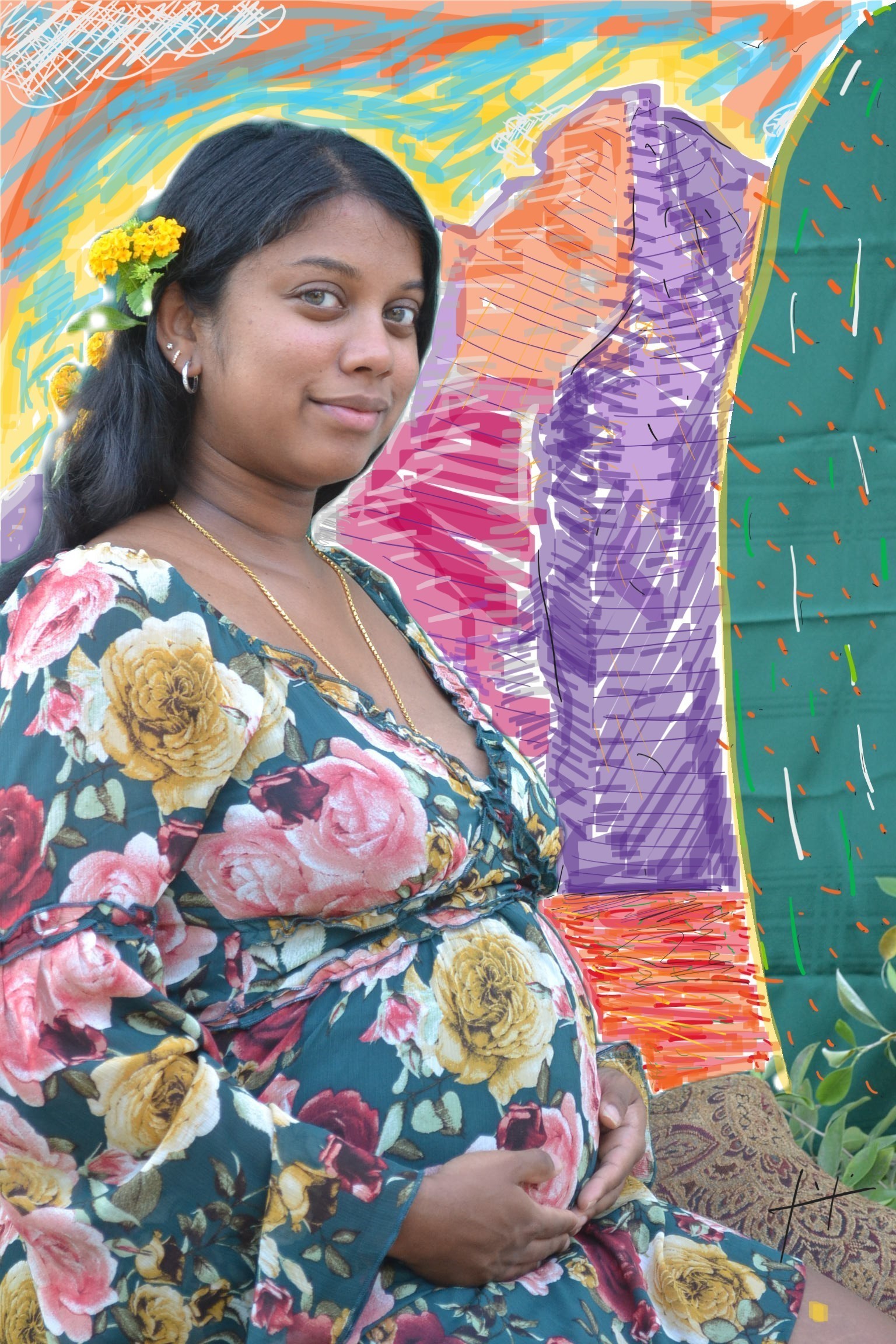 Maternity portrait in front of painted mural